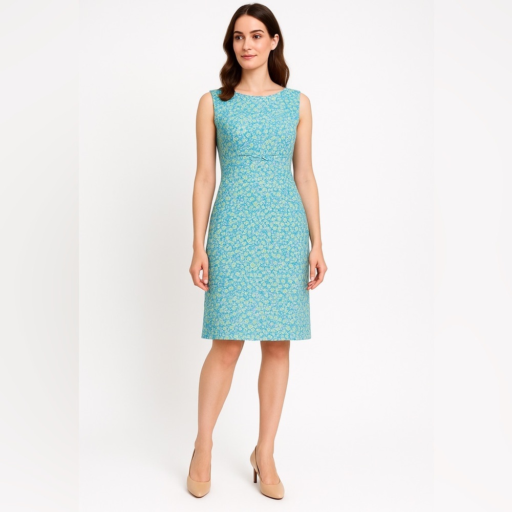 Vintage Maggy London blue 100% cotton Floral print empire waist sheath‎ dress, 8
